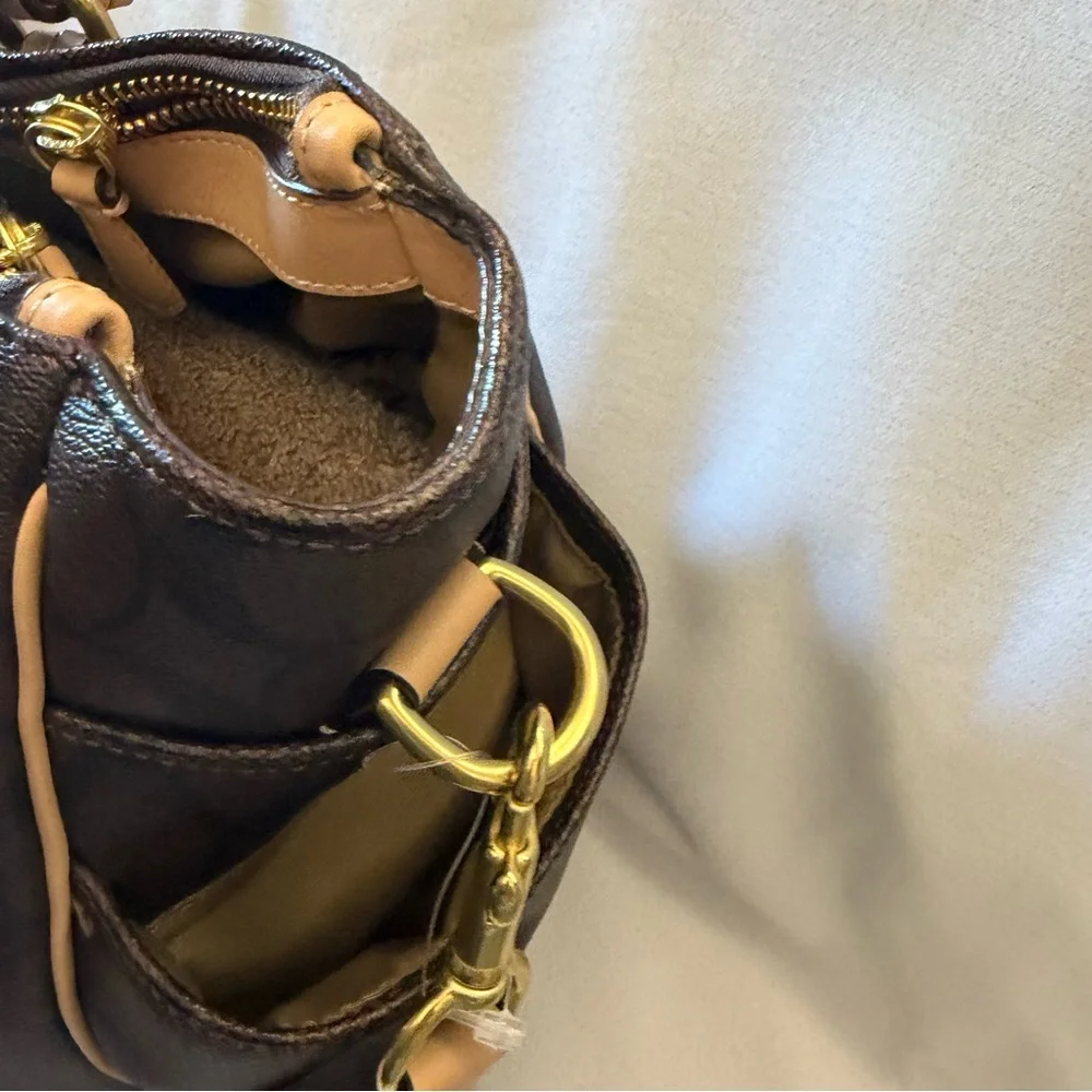 Coach Brown Signature Baby Bag with Tan Trim and Red Tag